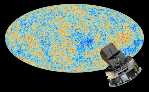Planck Satellite in front of the final CMB map.